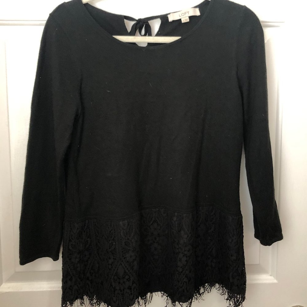 Black 3/4 Sleeve Sweater with Peplum Lace Bottom